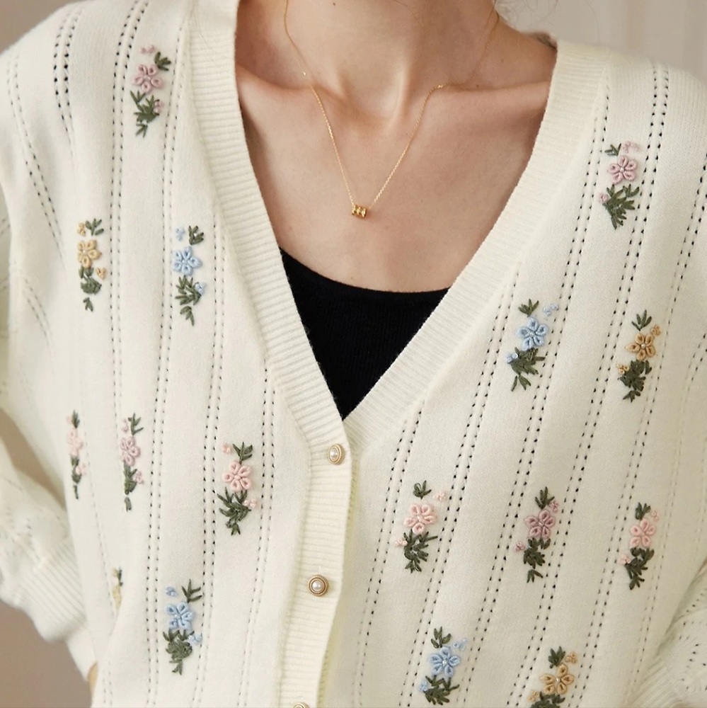 Simple Retro 🌸 Ally Floral Handmade Embroidery Creamy White Knit Cardigan